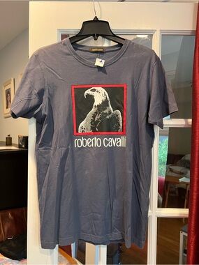 Roberto Cavalli Slate Blue Graphic Eagle Tee with Red Trim